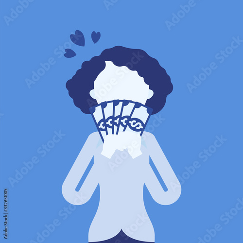 Big money love, woman adoring dollar banknotes. Happy prosperous person enjoying good financial life, high earning, profit, dreaming of wealth, winning lottery. Vector illustration, faceless character