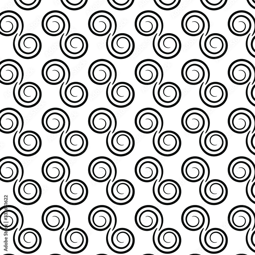 Pattern of black spiral motifs on white background. Suitable for decorations and textiles.