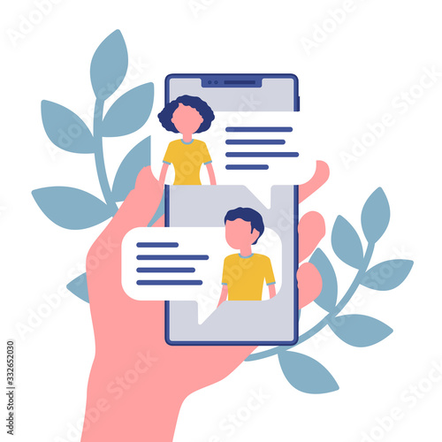 Mobile chat, smartphone application for chat communication. Live talk for helping customers, friendly messaging, romantic texting, informal online conversation. Vector illustration, faceless character
