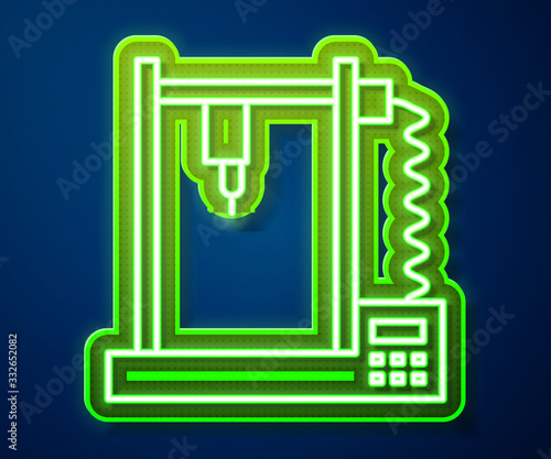 Glowing neon line 3D printer icon isolated on blue background. Vector Illustration