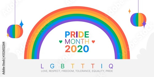 Pride Month 2020 - June - vector banner template with the LGBT rainbow as a symbol of LGBT community. Recognising the influence LGBT people have around the world. Equality, diversity in modern society