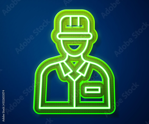 Glowing neon line Oilman icon isolated on blue background. Vector Illustration