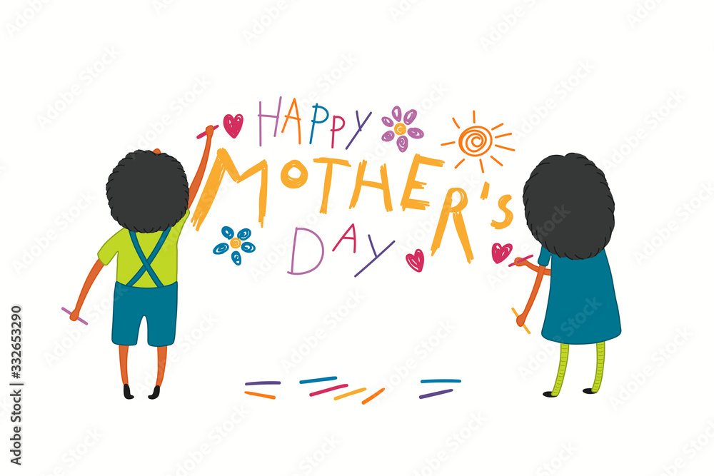 Φωτογραφία Card, banner design with cute black cartoon kids, girl and boy, drawing with crayons, text Happy Mothers Day