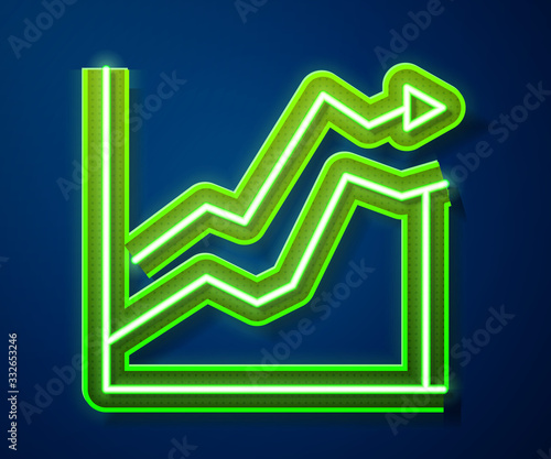 Glowing neon line Oil price increase icon isolated on blue background. Oil industry crisis concept. Vector Illustration
