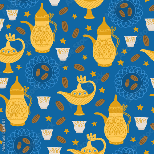 Ramadan seamless pattern with cup, stars, date fruit, lamp, salver