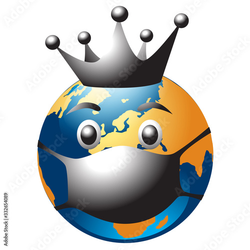 Globe in antiviral medical face mask and crown. Fun vector cartoon character illustration. Isolated on white background.
