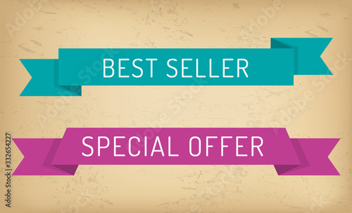 Set of ribbons with best seller and special offer. Proposal for shopper to buy products at stores. Announcement of discounts and sales. Clearance or sellout at market, stripes with inscriptions vector
