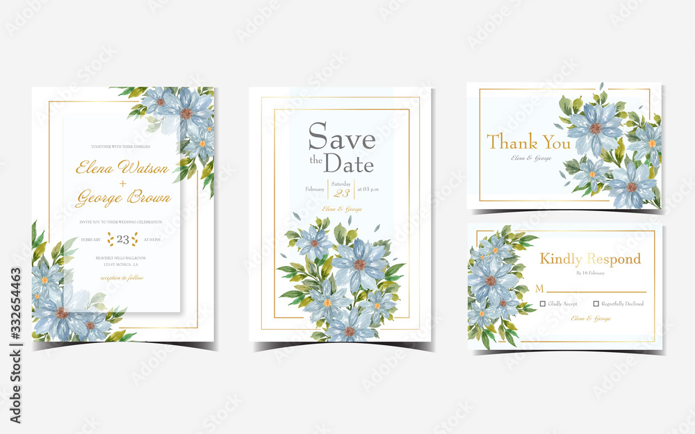 set of floral wedding invitation with beautiful indigo flowers set of floral wedding invitation with beautiful indigo flowers