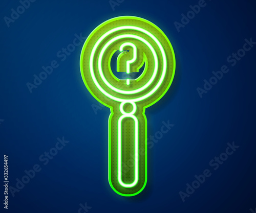 Glowing neon line Magnifying glass with search icon isolated on blue background. Detective is investigating. Vector Illustration