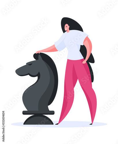 Happy woman playing chess game. Flat vector illustration