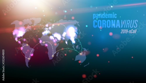 Coronavirus danger concept image on blue world map with red particles in environment. Covid-19 science illustration. Coronavirus disease nCov infection. Vector illustration.