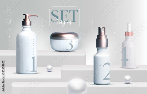Vector 3D elegant cosmetic products set background premium cream jar packaging for skin care. Luxury facial cream. Cosmetic ads flyer or banner design. Cosmetic cream template. Makeup products brand.
