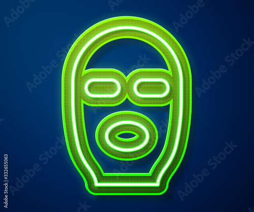Glowing neon line Thief mask icon isolated on blue background. Bandit mask, criminal man. Vector Illustration