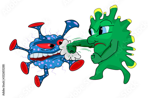 Immunity fights the virus isolated on white background. Coronavirus. Cartoon character good bacteria fight against outbreak viruses. Power of immune boosting concept to fight disease. Stock vector