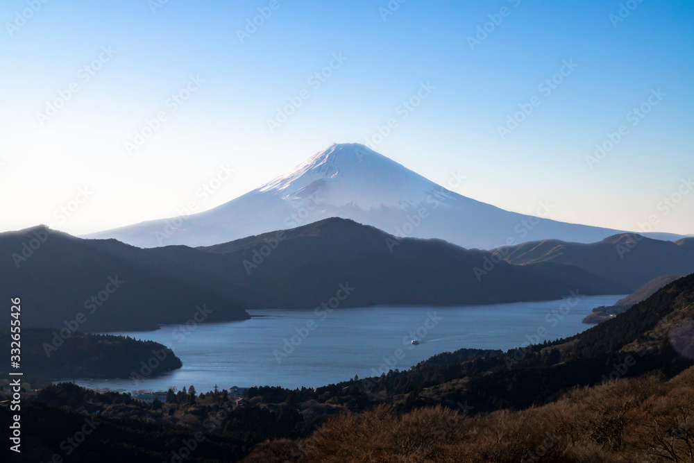 view of lake ashi and mt.fuji from hakone daikanyama mountain.
