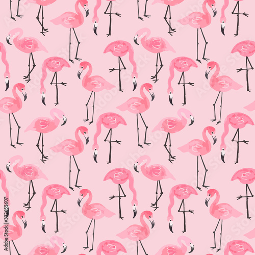 Pink ink flamingo set, tropical summer pattern vector illustration on color background