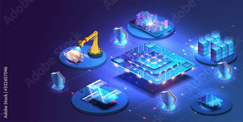 Internet of things abstract blue central processing unit isometric icon in center of background. Creation and optimization of the layout of the site interface.Artificial intelligence, machine learning