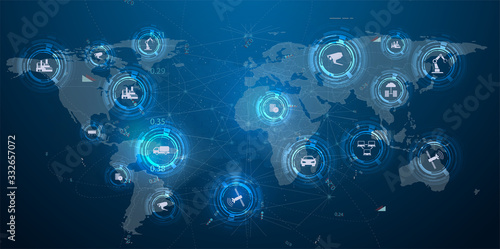 Internet of things (IoT) and networking concept for connected devices. Spider web of network connections with on a futuristic blue background. Information technology. Mobile connection, communication 