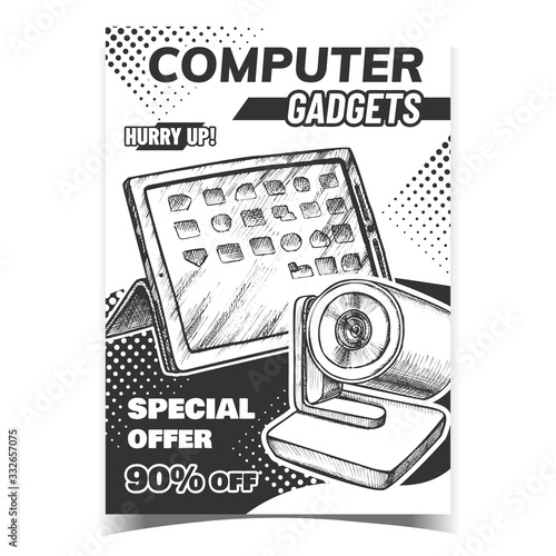 Computer Gadgets Creative Advertise Poster Vector. Web Camera And Electronic Tablet Digital Gadgets. Internet Video Communication Device. Concept Template Hand Drawn In Vintage Style Illustration