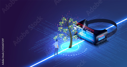 Nature and technology interaction. Tree with futuristic element. Virtual digital biotechnology tree engineering concept. VR helmet reality Futuristic technology with the concept of natural resources.