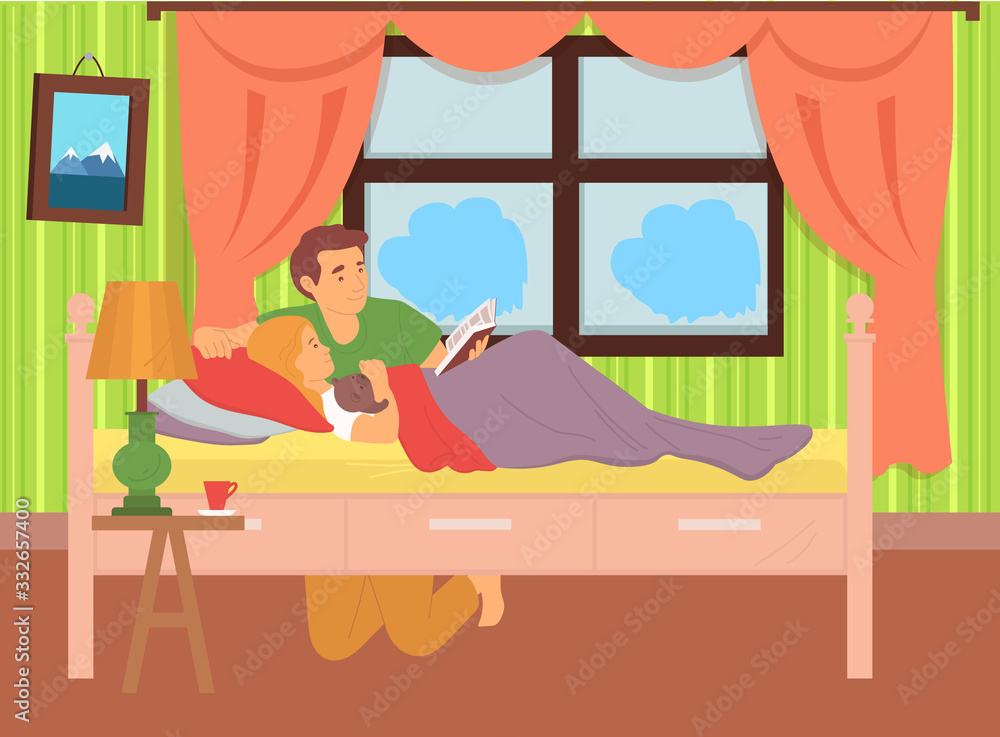 Obraz premium Happy dad with child vector, man reading book to kid educating and telling stories from life, interior of kids room, bedroom of person, parenting, concept for Father day