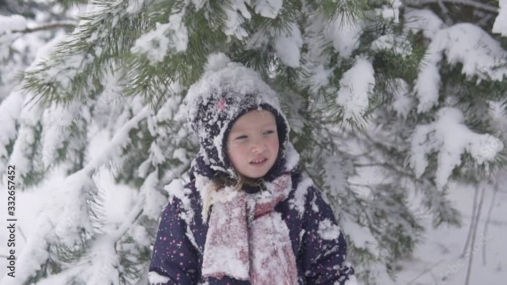 close-up of a little girl in a snowy forest. Christmas morning, snowfall close-up of a little girl in a snowy forest. Christmas morning, snowfall