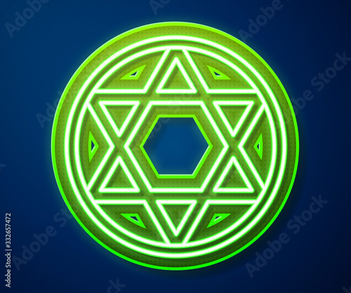 Glowing neon line Star of David icon isolated on blue background. Jewish religion symbol. Symbol of Israel. Vector Illustration