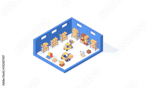 Isometric warehouse pallet package container and forklift factory. Delivery goods vector illustration