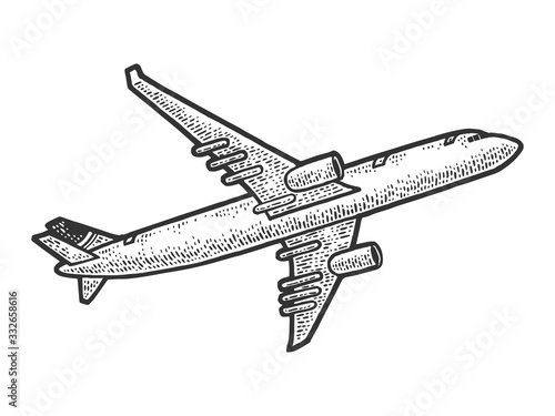 take off flying plane sketch engraving vector illustration. T-shirt apparel print design. Scratch board imitation. Black and white hand drawn image.