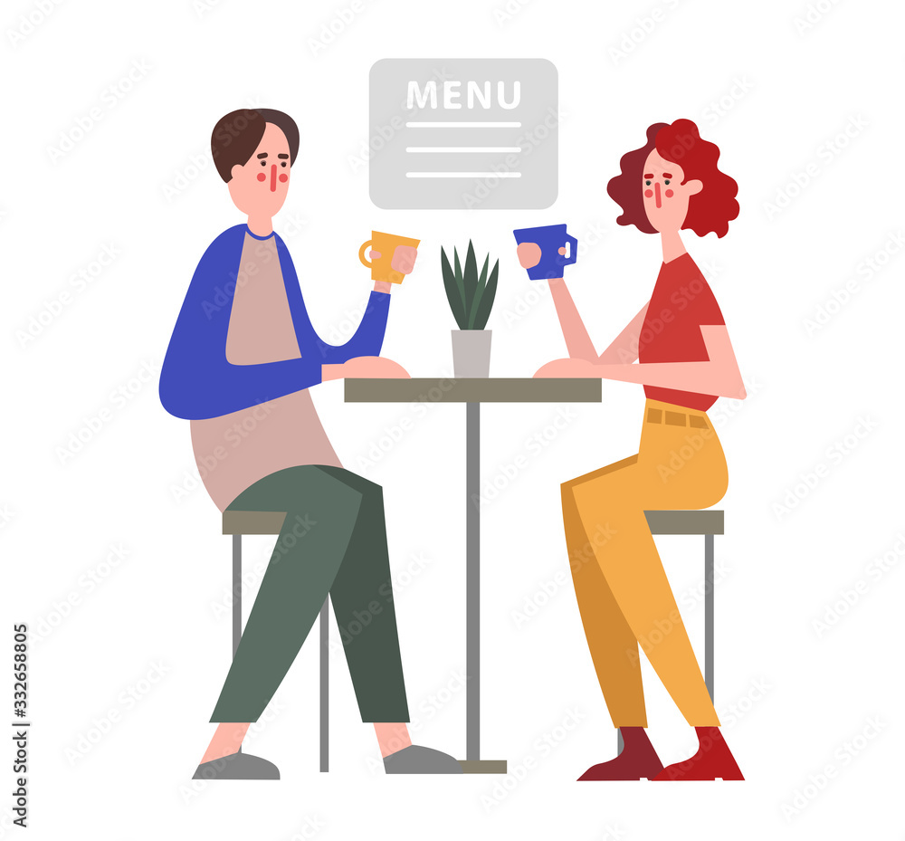 young man and woman having coffee in the cafe during coffee break or middle of date. Vector coffee shop customers. Concepr having great time as friends