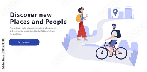 Tourists exploring foreign country vector man ridding by bike and women with baggage cartoon characters. World excursion horizontal concept. Travelers with backpacks on vacation composition