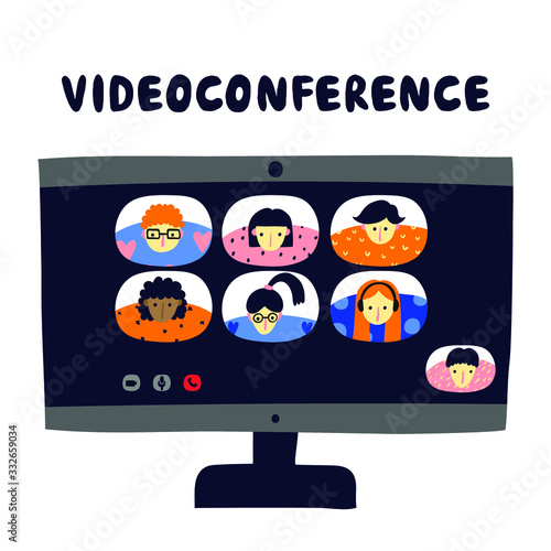 Videoconference concept. Group of colleagues at live stream meeting. Video chat software for computer. Distance teamwork. International coworkers communication. Vector stock illustration.