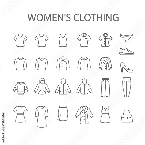 Women's clothing icons - set of woman garments type signs, outerwear signs collection