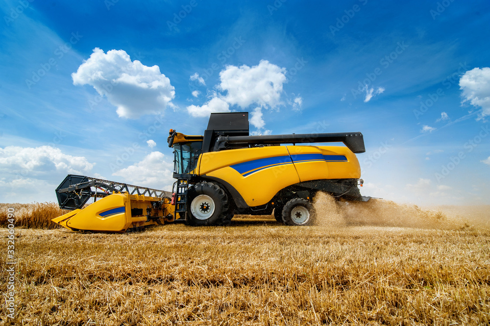 Obraz premium combine harvesting cereals, wheat field and sky with beautiful clouds