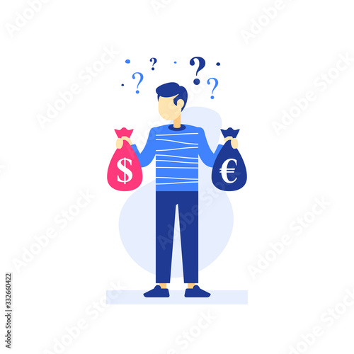 Man holding money bags in hands, successful investor, investment strategy, stock market fund, income growth