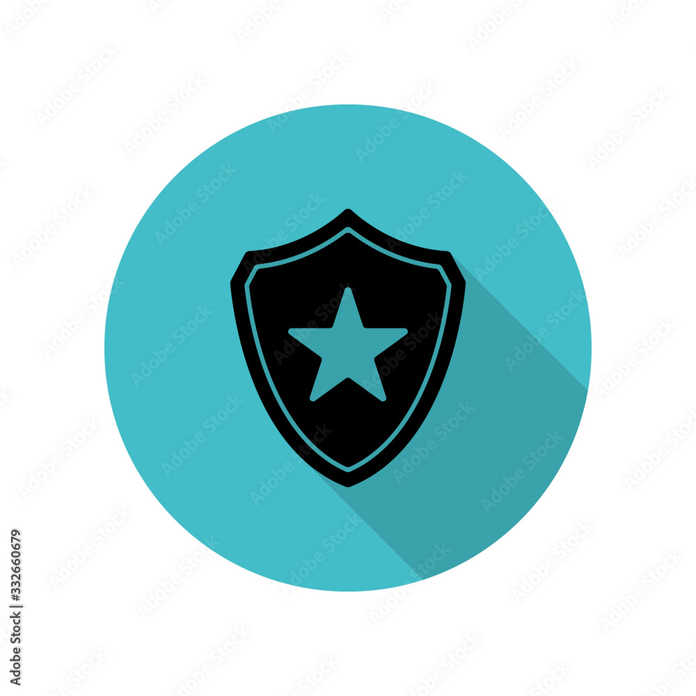 Shield with a star long shadow icon. Simple glyph, flat vector of web icons for ui and ux, website or mobile application Shield with a star long shadow icon. Simple glyph, flat vector of web icons for ui and ux, website or mobile application