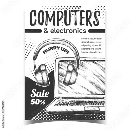 Computers And Electronics Advertise Banner Vector. Stereo Audio Earphone And Notebook Digital Electronics Gadget. Headphones And Laptop Concept Template Hand Drawn In Vintage Style Illustration