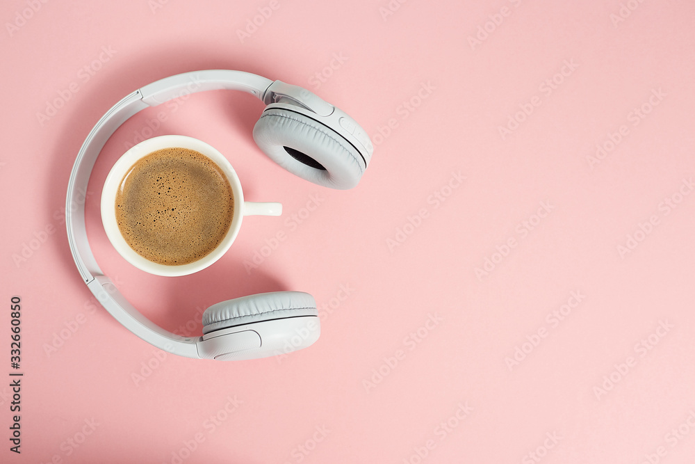 Music or podcast background with headphones and cup of coffee on pink  background, flat lay. Top view, flat lay Stock Photo | Adobe Stock