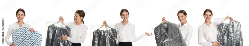 Collage of woman holding hanger with clothes on white background. Dry-cleaning service Collage of woman holding hanger with clothes on white background. Dry-cleaning service