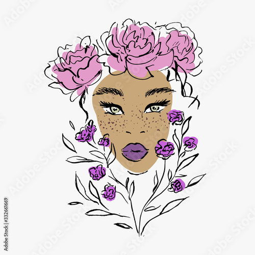 Dark-skinned girl in flowers.
