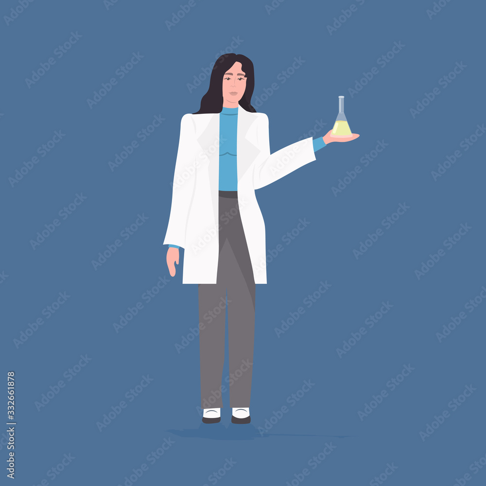 female scientist holding test tube with fluid woman researcher in white coat making chemical experiment in laboratory medical research concept full length vector illustration female scientist holding test tube with fluid woman researcher in white coat making chemical experiment in laboratory medical research concept full length vector illustration