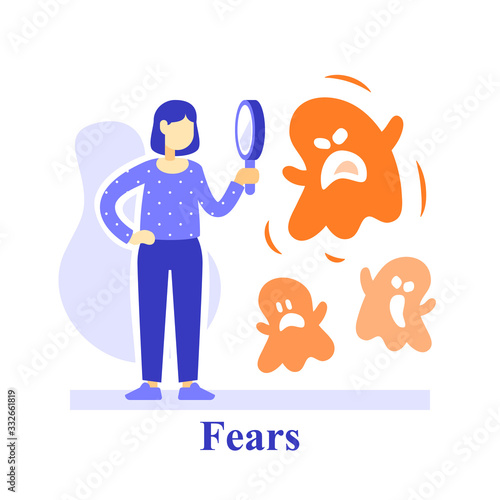 Human subconscious fears, woman and magnifying glass, understand feelings, phobia concept, negative thinking
