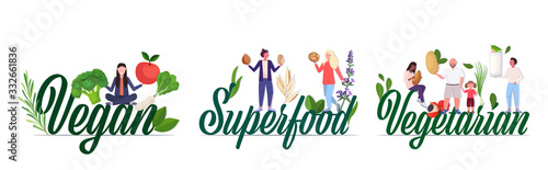 set people holding nuts fruits vegetables and plant based milk healthy lifestyle vegetarian concept full length horizontal vector illustration