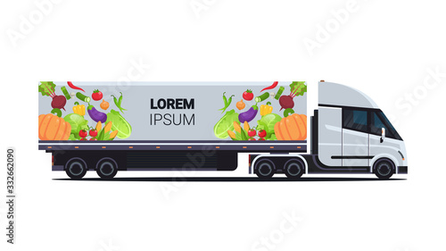realistic truck trailer with organic vegetables natural vegan farm food delivery service vehicle with fresh veggies horizontal flat vector illustration