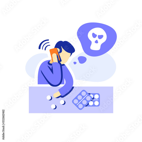 Person thinking about suicide, psychological help, hotline phone call, mental problem support