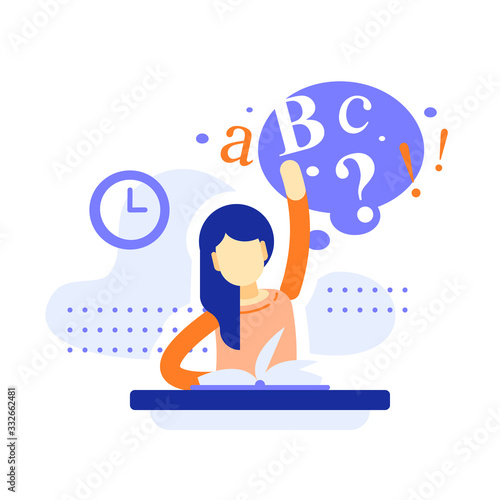 School girl sitting at the desk, raising hand and answering, fun education, excellent performance