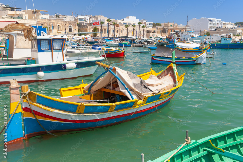Аishing boats moored in Marsaxlokk, Malta