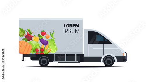 realistic van with organic vegetables natural vegan farm food delivery service vehicle with fresh veggies horizontal flat vector illustration