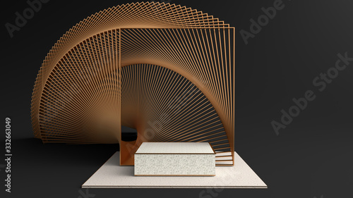 White square stone Pedestal. And Bending a golden square frame into a overlap art dimension backside podium and can be used for advertising, Isolated on black background, Minimalist , 3D rendering. photo