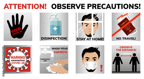 Virus precautions icon set. Vector illustration.